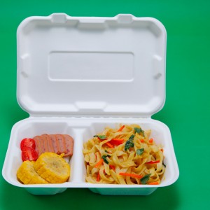 9 X 6" 2 အကန့် တခါသုံး စားသုံးနိုင်သော အစားအစာ ကွန်တိန်နာများ Biodegradable Sugarcane Bagasse Pulp Clamshell Lunch Box