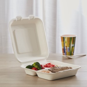 8″ x 8″ 3-Kompartemen Grosir Biodegradable Disposable Take Out Tebu Bagasse Clamshell Wadah Panganan Bento Lunch Box