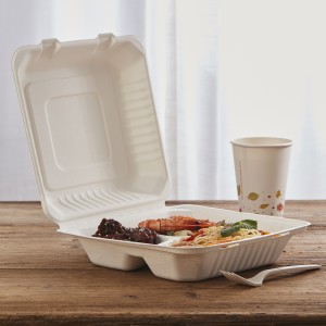 9 ″ x 9 ″ 3-Kompartiment Wegwerf Liewensmëttelbehälter Zockerrouer Bagasse Clamshell Bento Lunch Box
