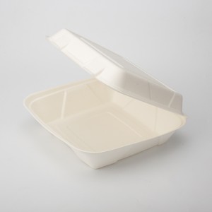9″ x 9″ ກ່ອງບັນຈຸນໍ້າຕານ Bagasse Pulp Clamshell Bento Lunch Box
