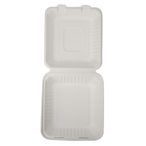 8″ x 8″ घाऊक डिस्पोजेबल टेकअवे अन्न कंटेनर ऊस बगॅसे बेंटो क्लॅमशेल लंच बॉक्स
