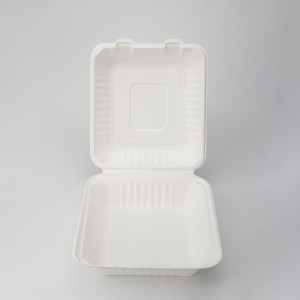 8 ນິ້ວ x 8 ນິ້ວ ກ່ອງບັນຈຸອາຫານທີ່ເອົາໄປຖິ້ມໄດ້ຂາຍຍົກນໍ້າຕານ Bagasse Bento Clamshell Lunch Box