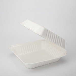 8 ນິ້ວ x 8 ນິ້ວ ກ່ອງບັນຈຸອາຫານທີ່ເອົາໄປຖິ້ມໄດ້ຂາຍຍົກນໍ້າຕານ Bagasse Bento Clamshell Lunch Box