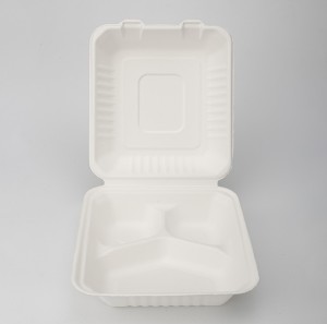 8″ x 8″ 3-Companment Biodegradable Eco friendly Take Out Food Container Wholesale Sugarcane Bagasse Clamshell Lunch Box