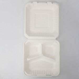 9″ x 9″ 3-kompartimenti Kontenituri ta 'l-Ikel li jintremew Bagasse clamshell Bento Lunch Box