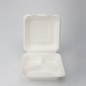 ກ່ອງອາຫານຫວ່າງ 9 ນິ້ວ x 9 ນິ້ວ 3 ຊ່ອງບັນຈຸນໍ້າຕານ Bagasse Clamshell Bento Lunch Box