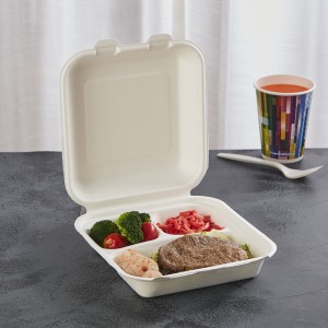 8″ x 8″ 3-διαμερισμάτων Χονδρική βιοδιασπώμενα δοχεία φαγητού από ζαχαροκάλαμο Βαγάσσης μίας χρήσης Take Out Bento Lunch Boxes