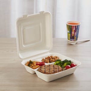 9″ x 9″ 3-lokeroiset kertakäyttöiset takeaway-ruokapakkaukset tukkumyynnissä kannella varustettu simpukkalounaslaatikko