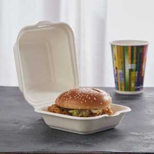 Kustom 6″ x 6″ Grosir Kotak Burger Clamshell Tebu Bagas Sekali Pakai Biodegradable