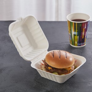 6″ x 6″ Biodegradable Disposable Sugarcane Bagasse Clamshell Burger Box