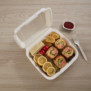 9″ x 9″ I-Wholesale Biodegradable Disposable Takeaway Takeout Isitsha Somoba I-Bagasse Pulp Clamshell Bento Lunch Box