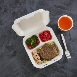 8 اینچ × 8 اینچ 3 محفظه عمده فروشی زیست تخریب پذیر یکبار مصرف بیرون آوردن نیشکر باگاس ظروف غذای تاشو جعبه های نهار بنتو