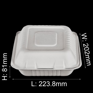 8″ x 8″ 3-Compartment Biodegradable Eco friendly Tengani Chidebe Chakudya Chogulitsa nzimbe Bagasse Clamshell Lunch Box