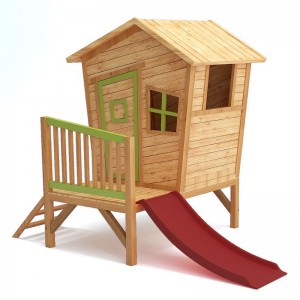 Висококачествена градинска дървена къщичка за игра на открито с пързалка за деца