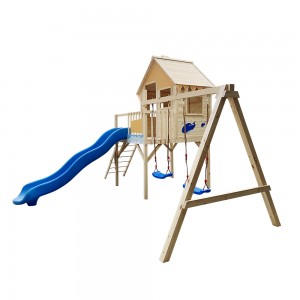 Дървена къщичка за игра на открито с червена детска площадка на открито Масивно дърво Canadian Hemlock, дървена пързалка за детска площадка
