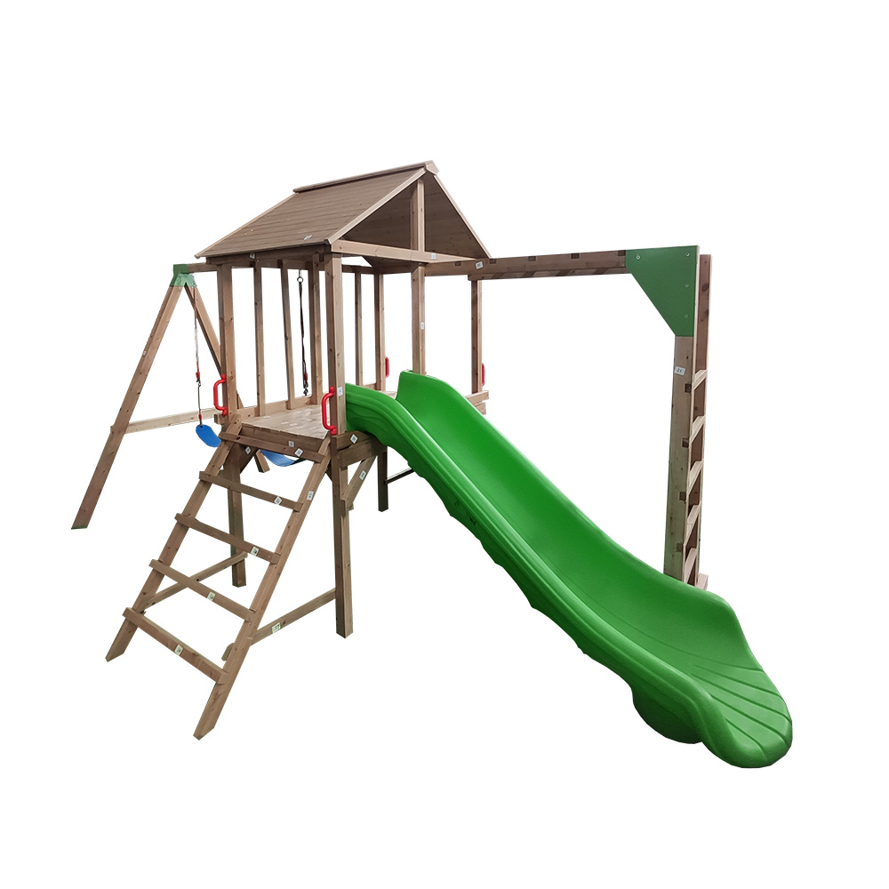 Borongan playhouses kai outdoor pikeun kids kayu maén imah pikeun barudak kalawan slide