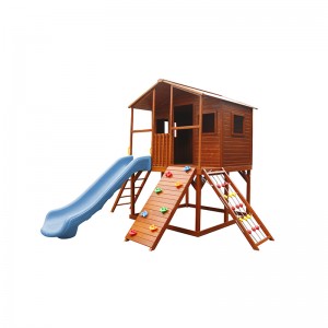 Caseta de xogos de madeira ao aire libre para nenos con tobogán e area e escaleira