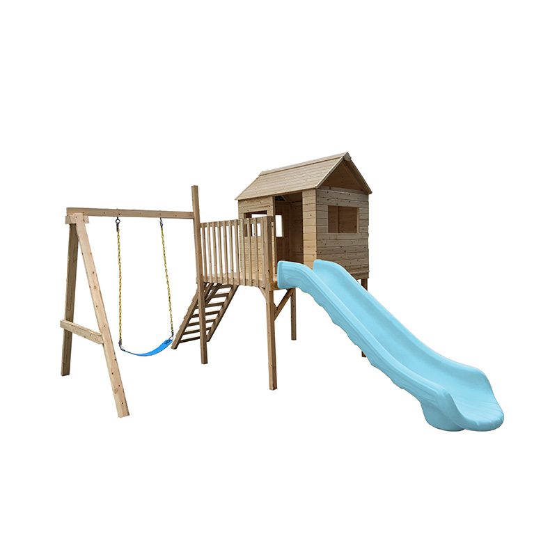 Απλές φτηνές υπαίθριες ξύλινες παιχνιδόσπιτα Παιδικό παιδότοπο τσουλήθρα με σκάλες για πίσω αυλή Προτεινόμενη εικόνα