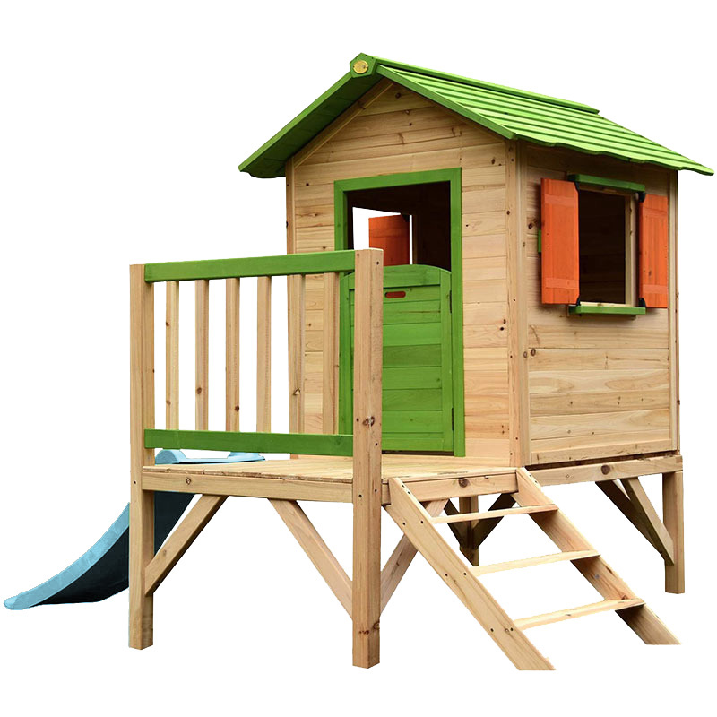 Търговия на едро с висококачествена детска дървена детска къщичка за игра на открито с пързалка Представено изображение