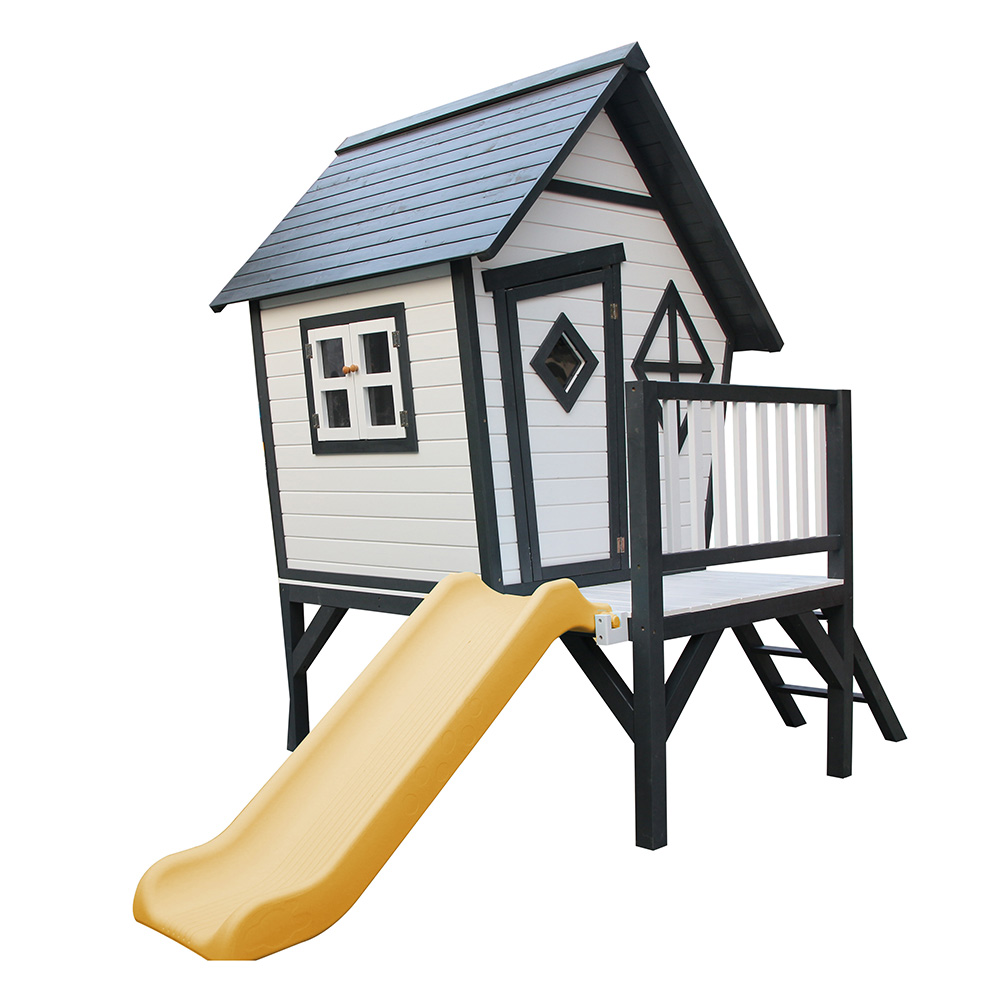 Голяма модерна къща за деца на открито на едро, персонализирана детска къща за игра в задния двор с представено изображение на слайд