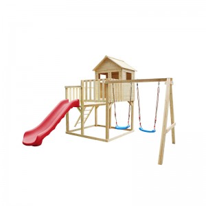 Детска вила Цветна градинска дървена къщичка за игра с дървена пързалка на открито и люлки