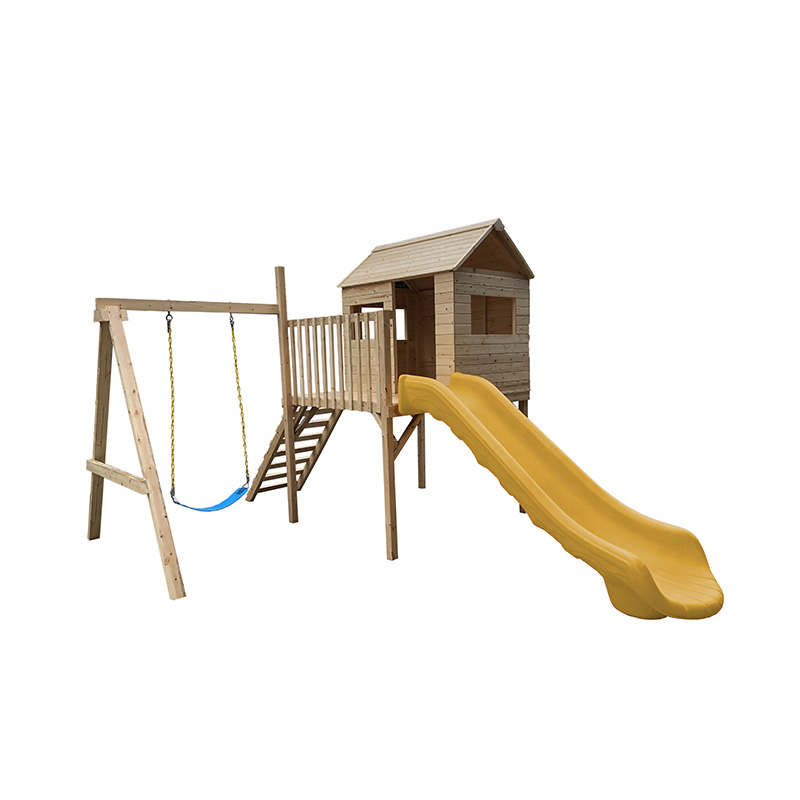 Απλές φτηνές υπαίθριες ξύλινες παιχνιδόσπιτα Παιδικό παιδότοπο τσουλήθρα με σκάλες για πίσω αυλή Προτεινόμενη εικόνα