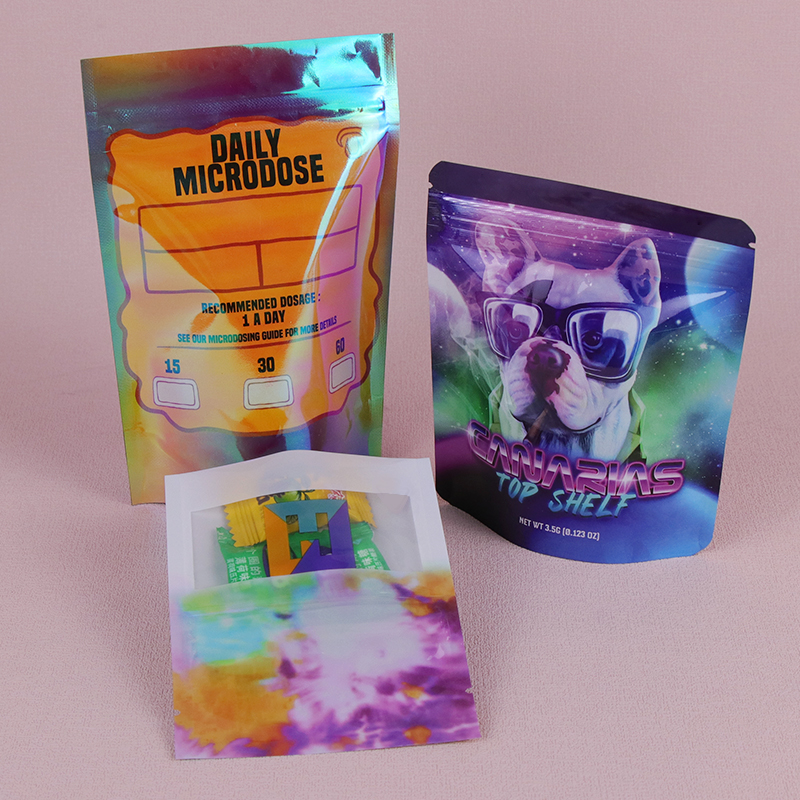 Holografisk folie Mylar Ziplock-veske Zkittlez Snacks Gummies emballasjepose med klart vindu