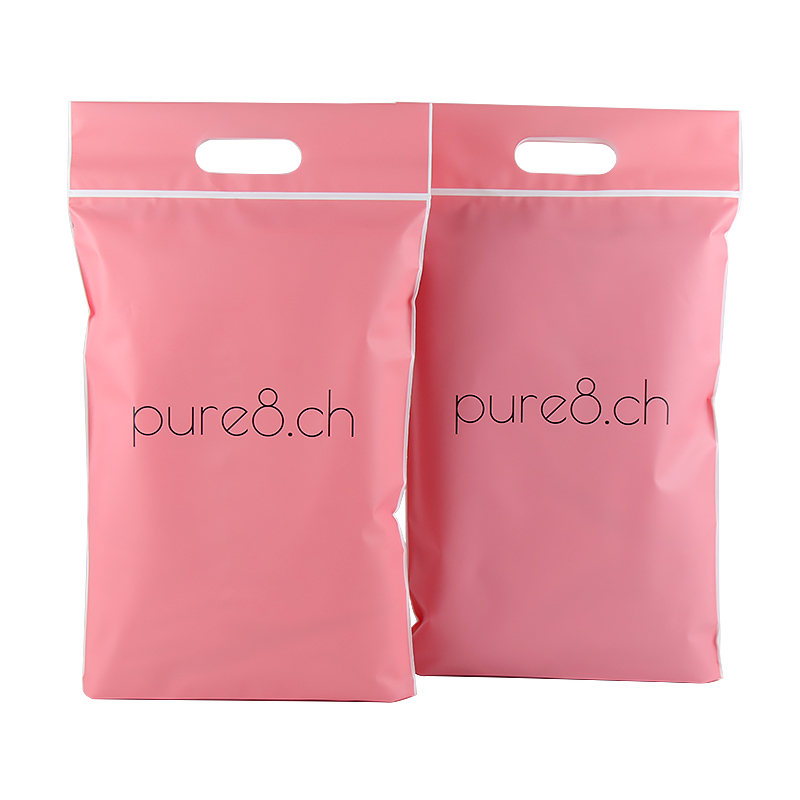 Bolsa con cremallera esmerilada para embalaxe de roupa rosa con deseño de asa