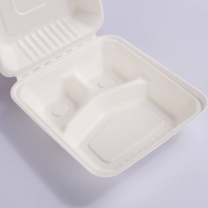 Bagasse 8*8″ 3-COM Shallow Clamshell Takeout Containers, Biodegradable Eco Friendly Take Out to Go Food Containers with Lids for Lunch Leftover Meal Prep Storage, Microwave and Freezer Safe