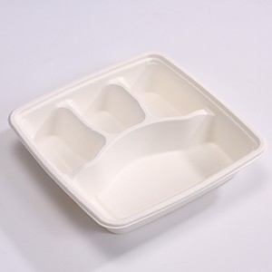 100% Compostable 4 Compartment 9*9 INCH Plates,Eco-Friendly Disposable Bagasse Tray,Heavy Duty Take-away School Lunch Tray