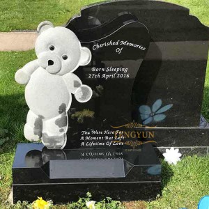 Lapide commemorativa per bambini in granito nero scolpita Lapide del cimitero dei bambini dell'orso