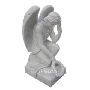Levensgroot marmeren knielende engelenstandbeeld voor begraafplaats!