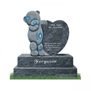 Forme de coeur avec sculpture d'ours en peluche Pierre tombale pour enfants en pierre sculptée Pierre tombale noire