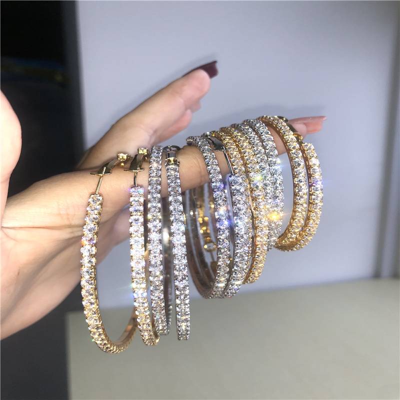 FOXI 45mm Fashion cz stone Large Circle Earrings Big Hoop Earrings Silver Color Crystal Round Hoop Earrings For Women Jewelry