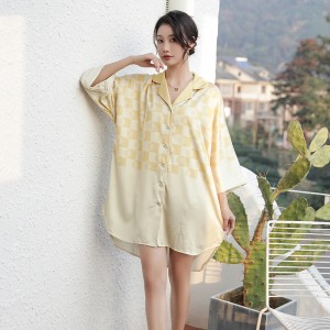 Spring and summer women’s three-quarter sleeves mid-length ice silk shirt pajamas