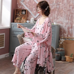 Youhottest 3 Piece Female Silk Cotton Pajamas Set Print Long Sleeve Soft Women Sleepwear