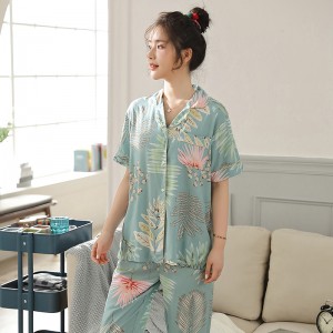Youhottest Cotton Pajamas For Women Satin Short Sleeve Pajamas Sets Tun-down Collar Top+Long Pants Sleepwear