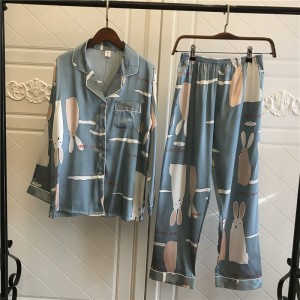 2021 new ladies summer pajamas set two-piece thin long-sleeved ice silk pajamas