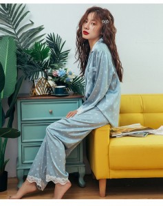 Ladies ice silk spring and summer long-sleeved thin lace small fresh and sweet two-piece pajamas