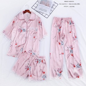 Ladies simulation silk short-sleeved shorts three-piece suit lace pajamas