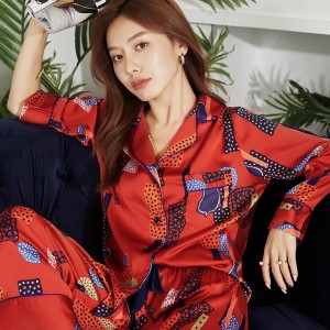 Big red pajamas ladies spring and summer silk ice silk long-sleeved thin home wear