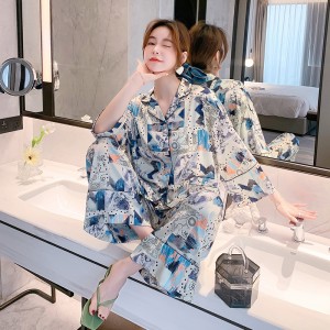 Long-sleeved ice silk can be worn outside pajamas two-piece suit women