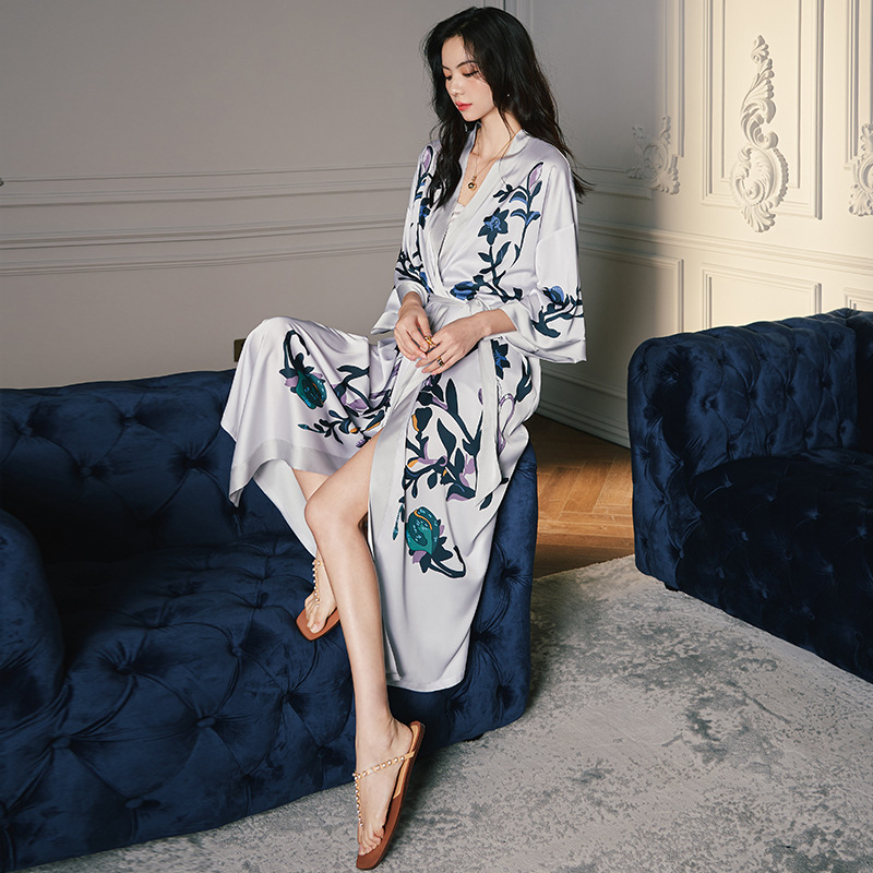 Wholesale satin home wear Pajamas set nightgown for women summer luxury ice silk cool nightgown bathrobe