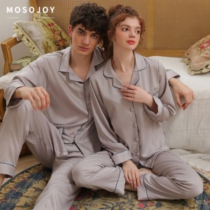 Couple pajamas women spring and autumn ice silk long-sleeved imitation silk home service
