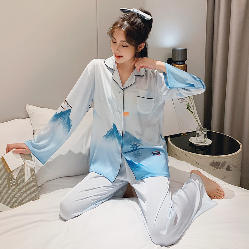 Pajamas women spring and autumn ice silk long-sleeved two-piece Chinese style national tide suit Featured Image