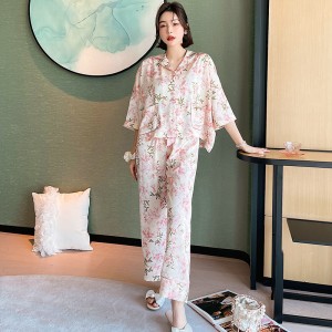 Ice silk women’s pajamas three-quarter sleeve summer thin two-piece suit