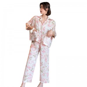 Ice silk women’s pajamas three-quarter sleeve summer thin two-piece suit