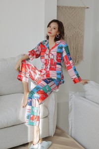 Women’s silk pajamas cardigan suit spring and summer long-sleeved home service