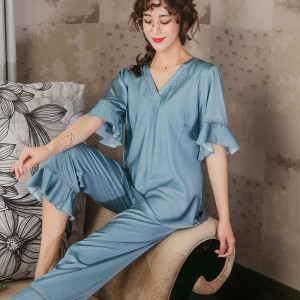Youhottest Silk Pajamas For Women Satin Short Sleeve Pajamas Sets Tun-down Collar Top+Long Pants Sleepwear