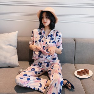 Spring new style pajamas women’s long-sleeved printing home service silk thin silk pajamas